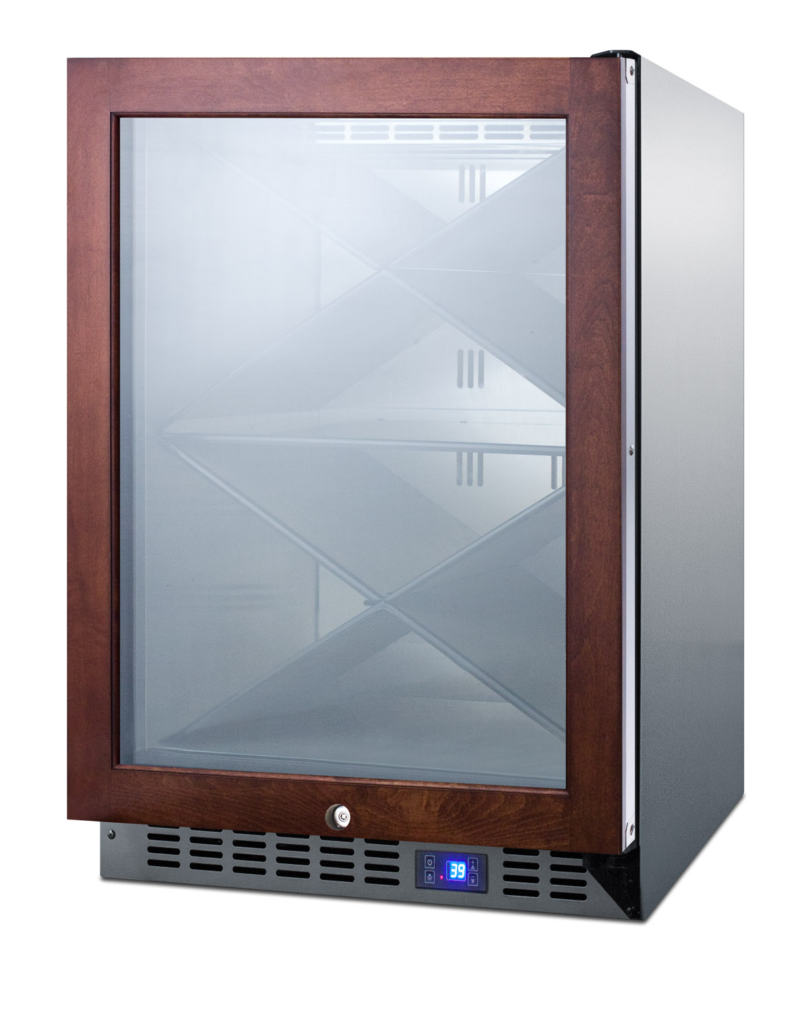 Built-in outdoor commercially listed wine cellar with stainless steel interior, diamond style shelving, digital controls, and stainless steel cabinet